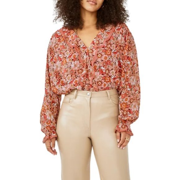 Aritzia Wilfred Eden Printed, ruffled V-neck blouse SZ XXS - Picture 3 of 12